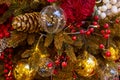 Collage of Christmas toys, spruce branches, berries and cones. Close-up Royalty Free Stock Photo