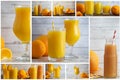 Collage of citrus Fruit drinks. Orange, mandarin and grapefruit juice mix