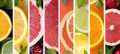 Collage of citrus fruit products divided with white vertical lines bright and vivid