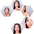 Collage close-up cropped view of five hexagonal attractive dreamy brunette lady doing effective useful facial procedure