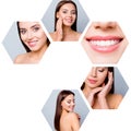 Collage close-up cropped view of five hexagonal attractive dreamy naked nude lady effective useful facial procedure