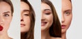 Collage. Close-up half-faced images of young beautiful brunette girls with well-kept healthy skin looking at camera Royalty Free Stock Photo