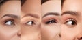 Collage. Close-up images of beautiful female eyes and eyebrows. Smooth glowy skin and nude makeup with mascara Royalty Free Stock Photo