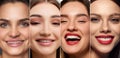 Collage. Close-up images of female faces with nude makeup and smooth healthy skin. Young girls smiling. Teeth dental Royalty Free Stock Photo