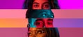 Collage of close-up male and female eyes isolated on colored neon backgorund. Multicolored stripes.
