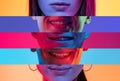 Collage of close-up male and female mouths and chins isolated on colored neon backgorund. Multicolored stripes. Emotions