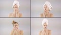 Collage, close-up portrait of a young girl who does facial care, cleans her face with a cotton pad, smears cream, puts Royalty Free Stock Photo