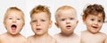 Collage of close-up portraits of cute little children posing isolated over white bckground