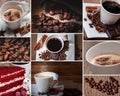 A collage of coffee photos with a white coffee cup and saucer. The photos show cinnamon, coffee beans, star anise. Royalty Free Stock Photo