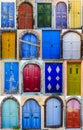 Collage collection of colorful front doors of houses from Santorini, Greece. Royalty Free Stock Photo