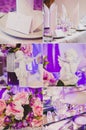 Collage collection of violet, purple wedding table Royalty Free Stock Photo