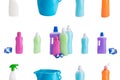 Collage of colorful bottles of cleaning products on white background Royalty Free Stock Photo