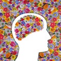 Colorful garden flowers, around and inside human`s brain profile