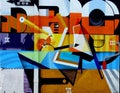 Collage of colorful geometric shapes and shapes in Latin American street art