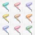 Collage of colorful hair dryers on white background