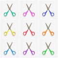 Collage of colorful scissors on white background