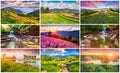 Collage with 9 colorful summer landscapes. Royalty Free Stock Photo