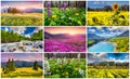 Collage with 9 colorful summer landscapes. Royalty Free Stock Photo