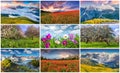 Collage with 9 colorful summer landscapes. Royalty Free Stock Photo