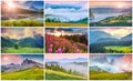 Collage with 9 colorful summer landscapes. Royalty Free Stock Photo