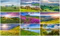 Collage with 9 colorful summer landscapes. Royalty Free Stock Photo