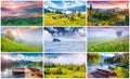 Collage with 9 colorful summer landscapes. Royalty Free Stock Photo