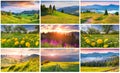 Collage with 9 colorful summer landscapes. Royalty Free Stock Photo