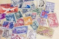 Collage of colorful Vintage Used Postage Stamps Royalty Free Stock Photo