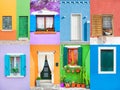 Collage of 8 colorful windows and doors of Burano, Italy