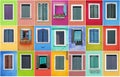 Collage of colorful windows with frames in Burano