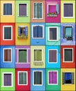 Collage of colorful windows with frames in Burano