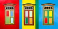 Collage of 3 colorful windows on a house in Little India, Singapore