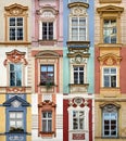 Collage of colorful windows with pediment of Prague