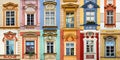 Collage of colorful windows with pediment of Prague Czech Republic