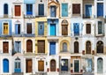 Collage of 36 colourful front doors from Karpathos. Royalty Free Stock Photo