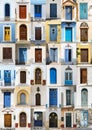 Collage of 36 colourful front doors from Karpathos. Royalty Free Stock Photo