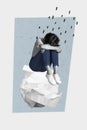 Collage composite design photo of young girl sitting on crumpled paper and crying alone offended cuddle her knees over