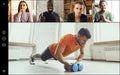 Collage, composite image. Group of young people watching online sport trainings, lessons using video app. PC, laptop Royalty Free Stock Photo