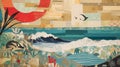 Collage composition of seascape made of retro paper created with generative ai tools
