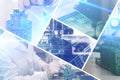 Collage of computer boards with visual effects in a futuristic style. The concept of modern and future technologies Royalty Free Stock Photo