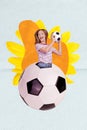 Collage concept young excited overjoyed football player teenager girl catch goal world cup inside soccer sphere isolated Royalty Free Stock Photo