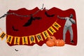 Collage of conjurer young guy entertainment holiday halloween flags happy celebration october pumpkins isolated on red