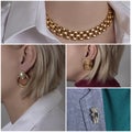 A collage consisting of 4 photos which depict jewelry that shows a woman in the form of a golden necklace, earrings and brooch Royalty Free Stock Photo