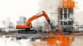 Collage of a construction site featuring an excavator and abstract digital plans in orange and white Royalty Free Stock Photo