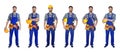 Collage of construction worker in uniform with different tools Royalty Free Stock Photo