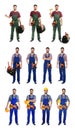 Collage of construction worker in uniform with different tools Royalty Free Stock Photo