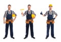 Collage of construction worker in uniform with different tools on white Royalty Free Stock Photo