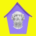 A collage of contemporary art. The plaster head of the sculpture is in a purple house on a yellow background. The