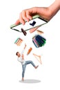 Collage contemporary design image of funky guy falling down new clothes from smartphone concept eshopping isolated on