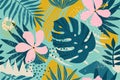 Collage contemporary floral seamless pattern. Modern exotic jungle fruits and plants illustration in vector.